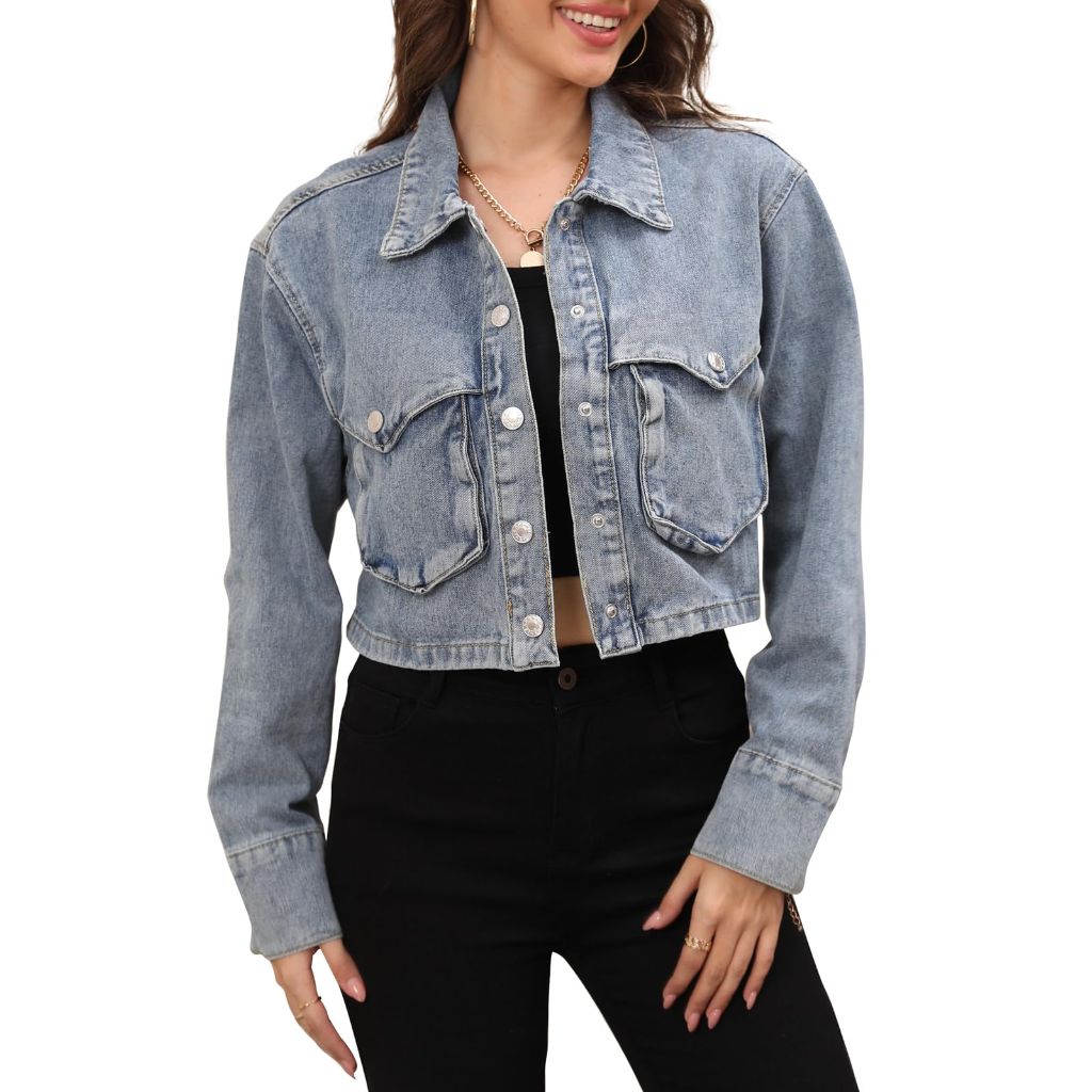 SZ L, YPCT Women's Button Down Cropped Trucker Short Denim Jean Jacket | Blue