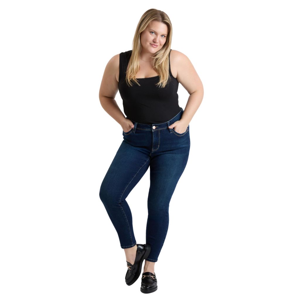 ROYALTY FOR ME Women's Plus High Rise Curve Confidence Wannabettabutt Skinny Jeans, Dark Blue, 16W