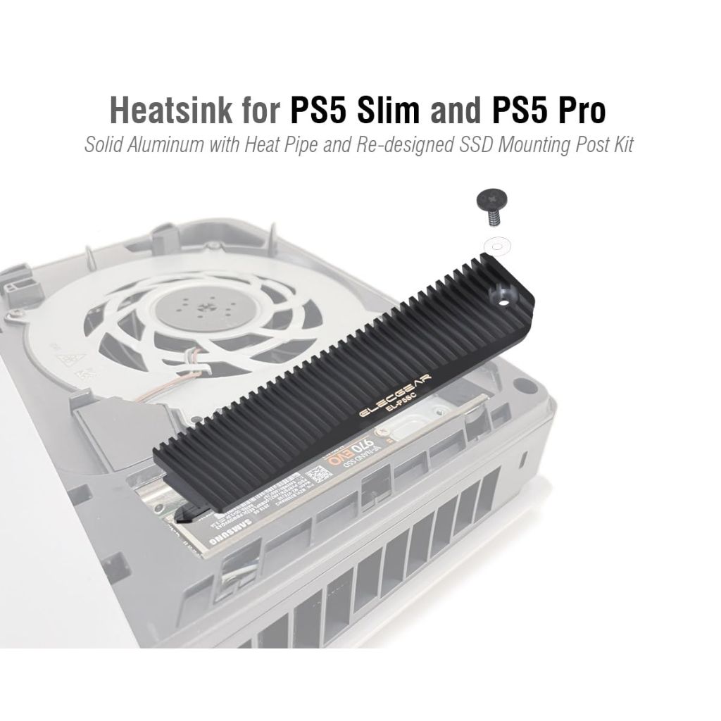 ElecGear Heatsink for PS5 Pro and Slim SSD, Heat Pipe + Aluminum Cooler for M.2 NVMe SSD Mounting Post Kit