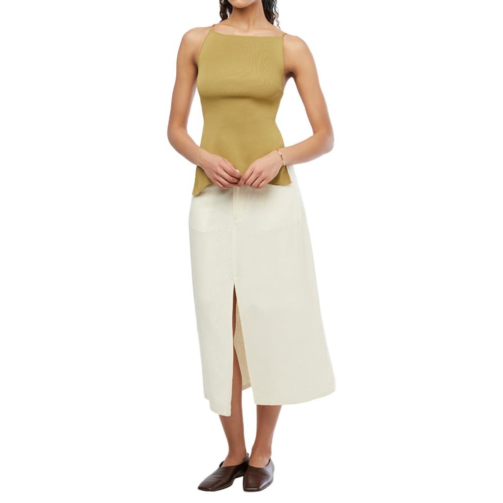 SZ M, WEWOREWHAT-Front Slit Skirt-Linen Blend-Antique White