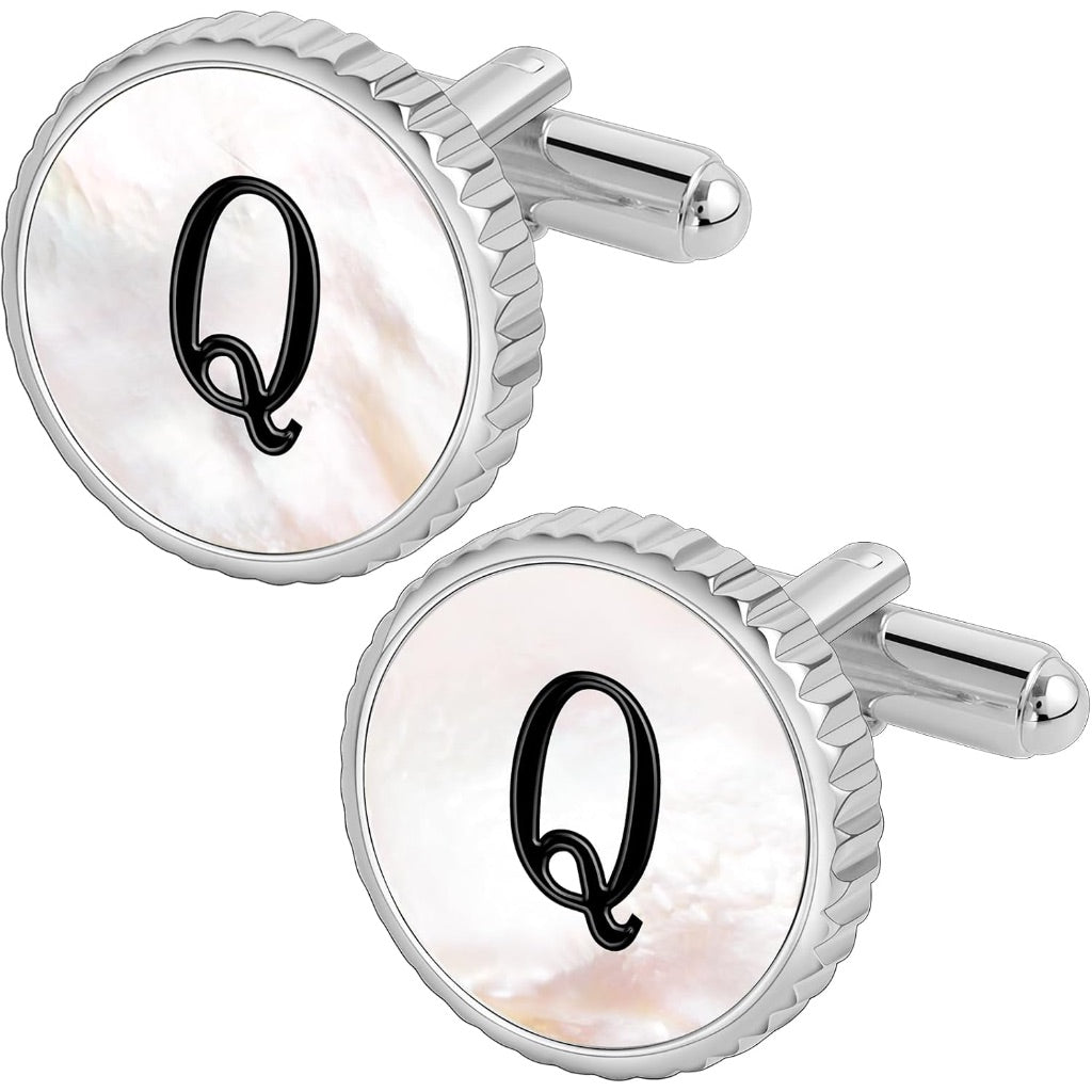 Men's Personalized Cuff Links - Silver Tone, Mother Of Pearl Center - Letter Q