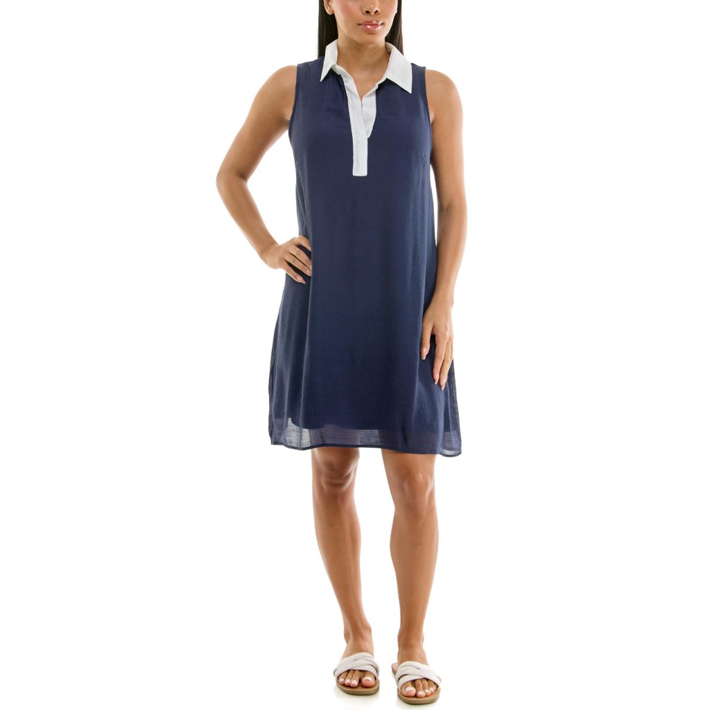 Zac & Rachel Women's Sleeveless Collared Contrast Slub Dress, Navy Blazer/Bright White, Large