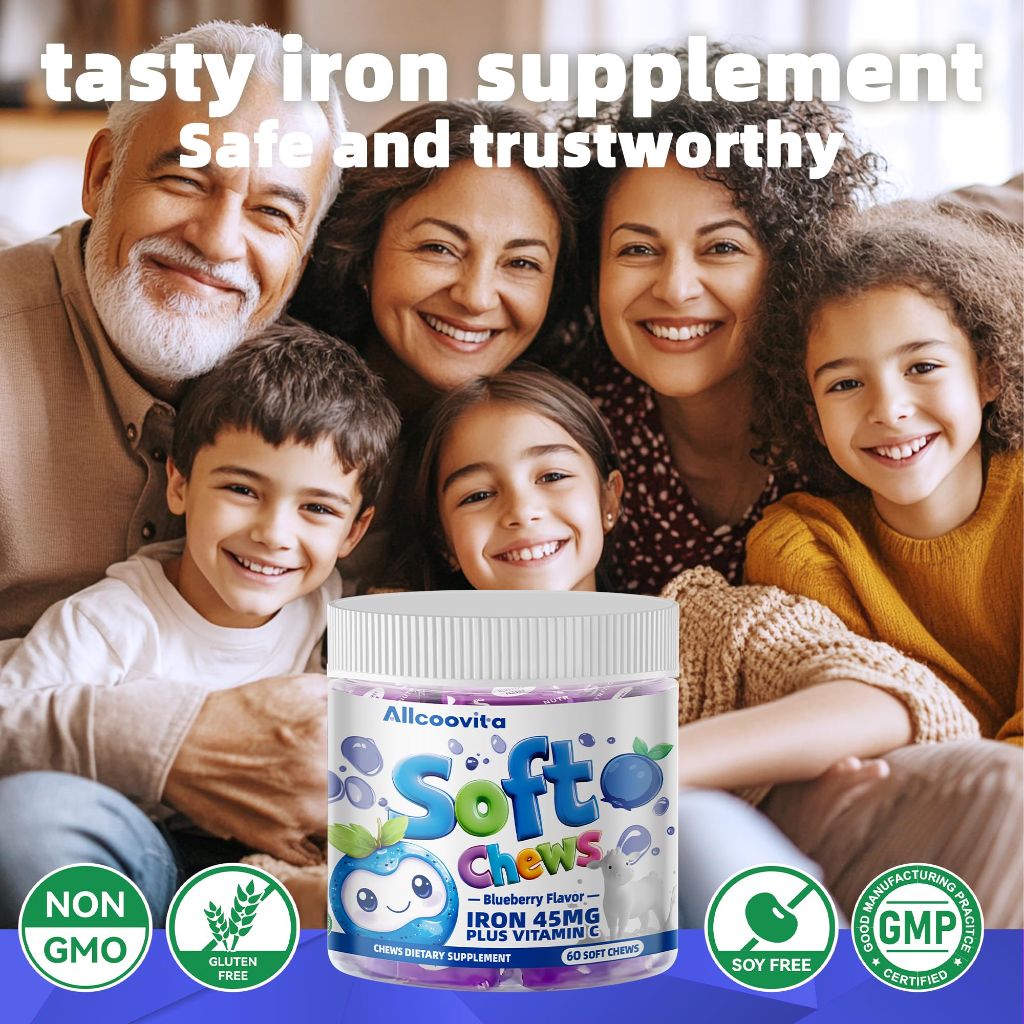 Iron Soft Chews Supplement with Vitamin C | Blueberry Flavored | 60 Count