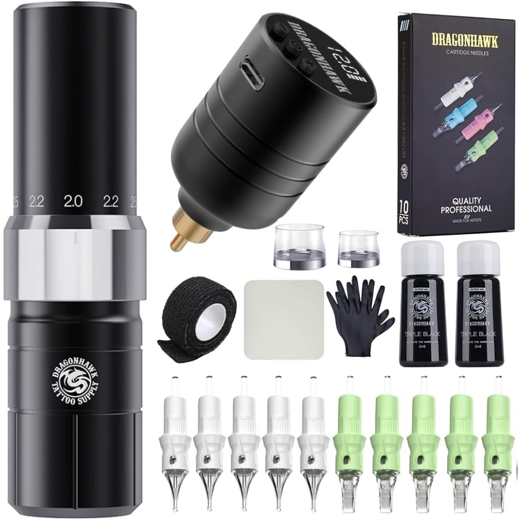 Dragonhawk Tattoo Kit, Tour Y23 Wireless Tattoo Kits Replaceable B2 Battery Tattoo Pen Machine Gun Kit with 6 Strokes Length Change for Beginner & Pro Aritsts Women Beauty