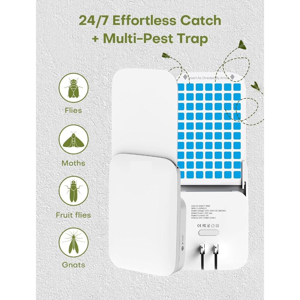 Flying Insect Trap Indoor - Plug-in Fly Catcher and Killers Includes Refills for House Flies, Fruit Flies, Gnats,and Moths, Bug Light Killer, Cover up to 600 ft², Off-White, 2 Traps + 8 Refills