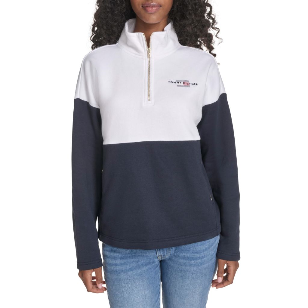 Tommy Hilfiger Women's Sportswear 1/4 Zip Mockneck Fleece Sweatshirt, Bright White/Sky Captain, X-Small