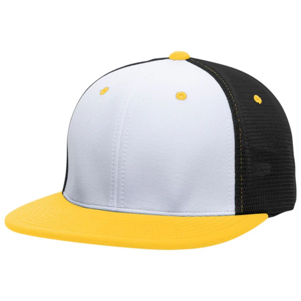 SZ  L/XL Pacific Headwear Premium M2 Performance Trucker Flexfit® Cap, White/Black/Gold