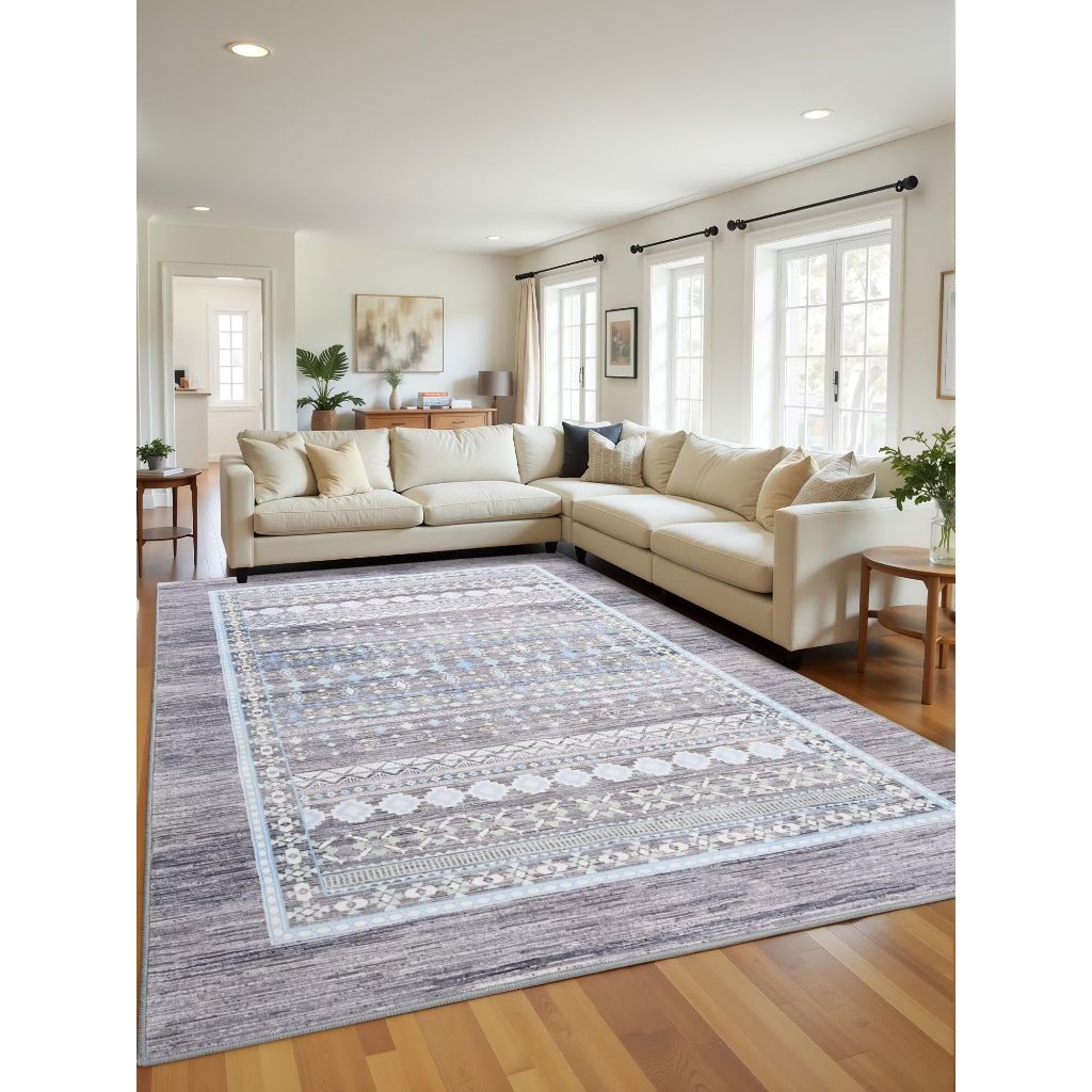 Macgace Washable Moroccan Area Rug, 6x9 Aztec Geometric, Grey & Blue