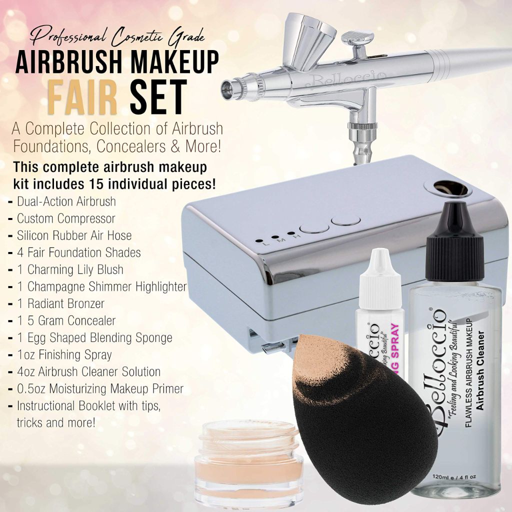 Belloccio Professional Beauty Airbrush Cosmetic Makeup System with 4 Fair Shades of Foundation in 1/4 Ounce Bottles