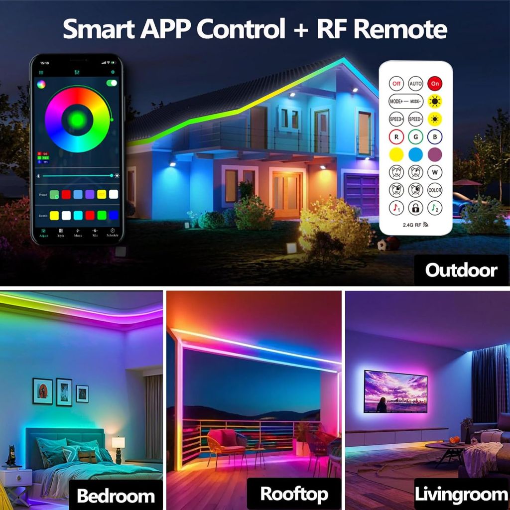 65.6FT Outdoor LED Strip Light Waterproof, IP68 Outside RGB Light Strip with App/Remote Control