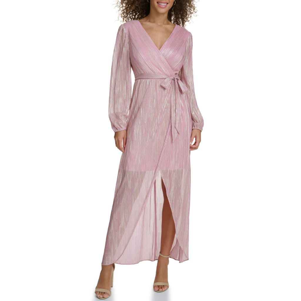Siena Women's Metallic Foil Faux Wrap Long Sleeve Dress, Pink/Gold, Size 8