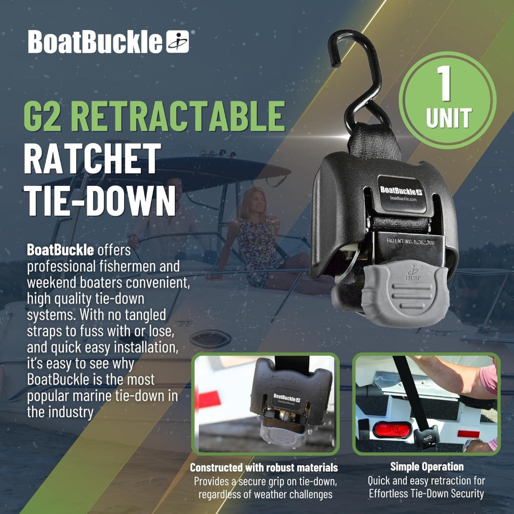 BoatBuckle Retractable Transom Tie Down Strap – Bolt On Retractable Ratchet Strap for Boat Trailer, Replaceable Boat Buckle for F08893, Intended for Freshwater Environments, 2x43 Inch, 1-Count