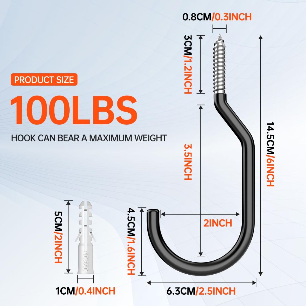 GURADESIGN 8pk Heavy Duty Bike Hook, Loading Capacity 100 LBS, 6 inch, Bike Hooks for Garage Wall and Garage Ceiling