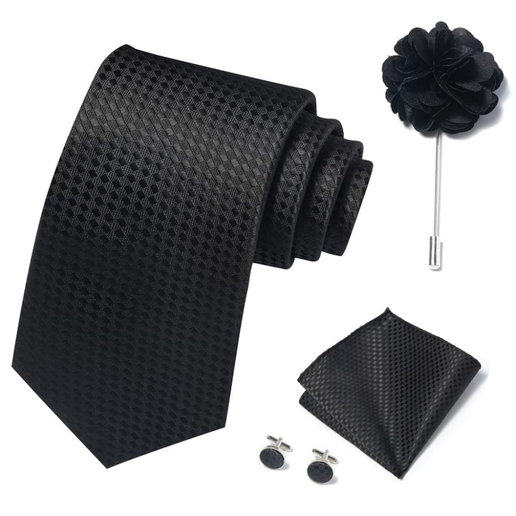 Solid Color Ties Set Men Handkerchief Cufflinks Brooch 3.15 inches Classic Formal Necktie Pocket Square Set (Black)