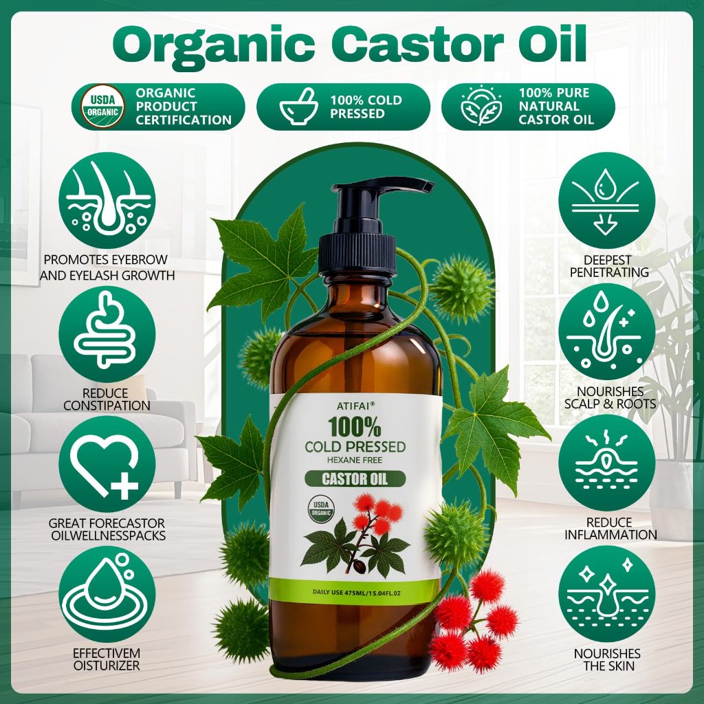 ATIFAI Castor Oil Pack Wrap, Castor Oil Organic Five-Piece Set, 16-Fl. Oz Glass Bottles (16 fl. oz)