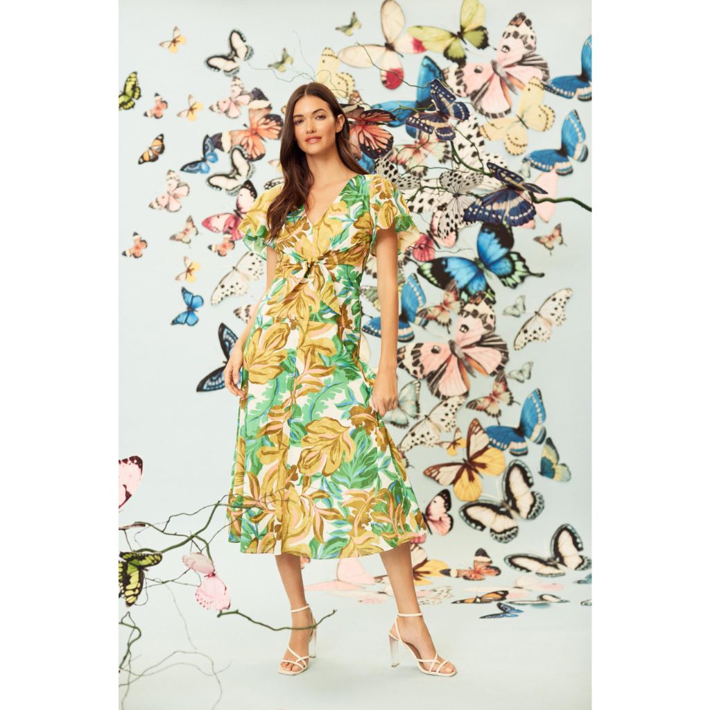 Maggy London Women's Dresses Tropical Leaf Print V-Neck Midi Dress, Soft White/Golden Olive, 14