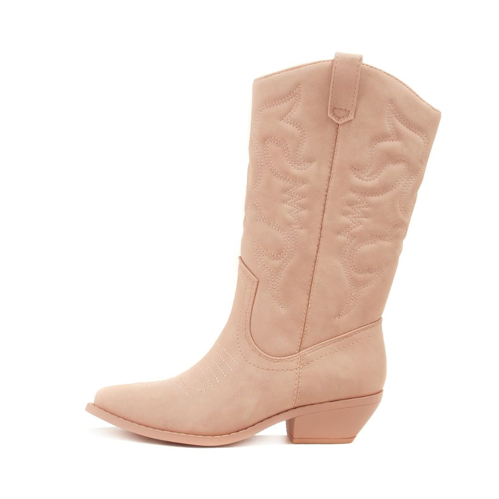 Soda Reno Women Western Cowboy Pointed Toe Knee High Pull On Tabs Boots (Pink Nubuck, Medium, 8)
