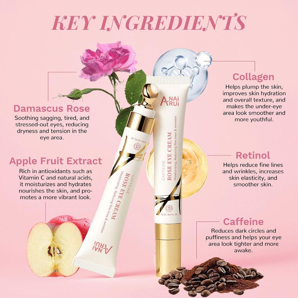 ANAI RUI Rose Caffeine Eye Cream for Dark Circles with Retinol and Collagen - 0.5 fl. oz.