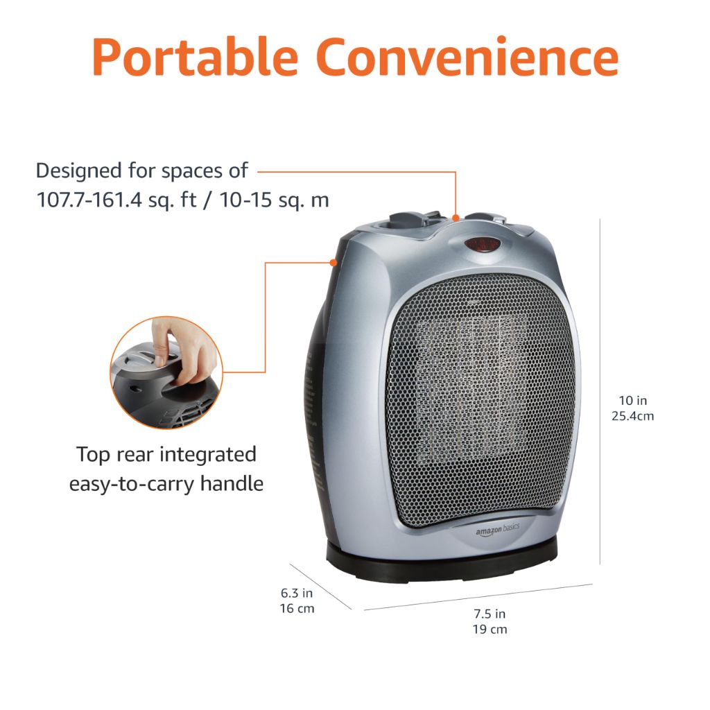 Amazon Basics Oscillating Ceramic Portable Indoor Space Heater, 1500W, 7.52"D x 6.34"W x 9.45"H, Silver