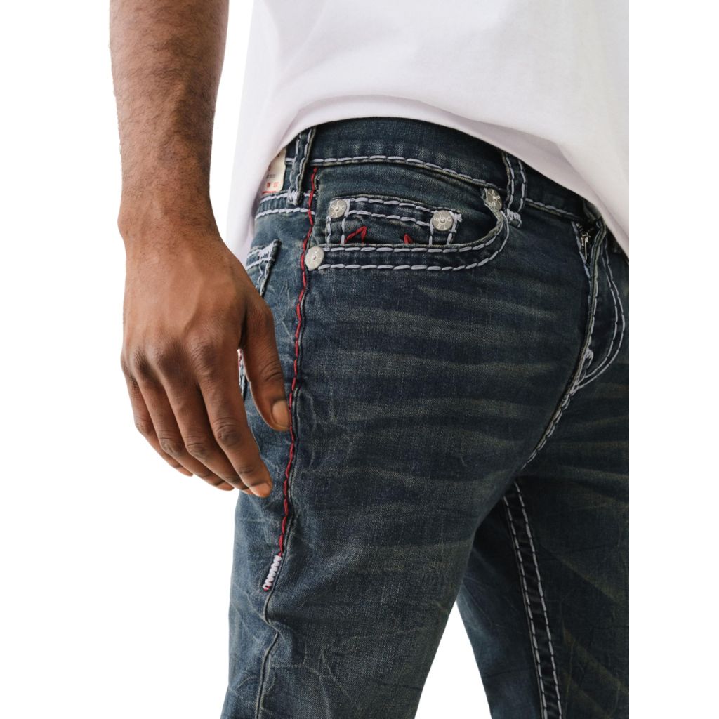 True Religion Men's Rocco Jeans - Super T Stitch, No Flap Pockets, 1/2"- Albarn Medium Wash - 32