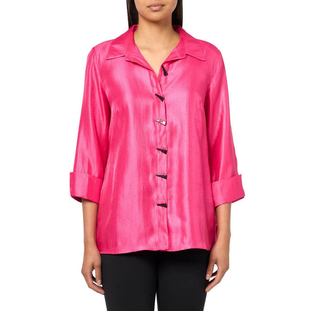 MULTIPLES Women's Plus Size, Turn-Up Cuff, Three Quarters Sleeves, Button Front, Hi-Low Shirt, Fuchsia, 3X