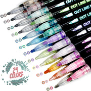 24 Colors Shimmer Markers Super Squiggles Outline Markers Set Double Line Outline Pens Self Outline Metallic Markers for Drawing