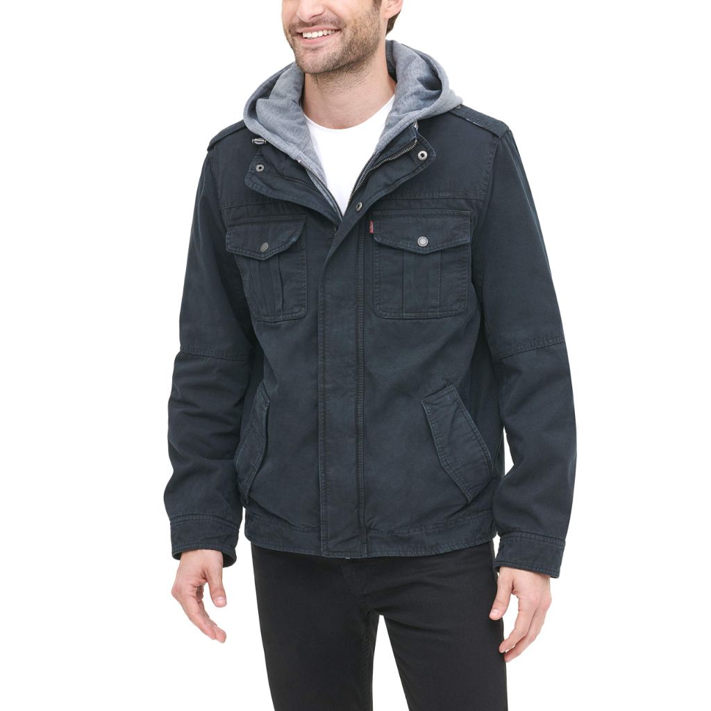 Levi's Men's Washed Cotton Military Jacket with Removable Hood, Navy, Medium