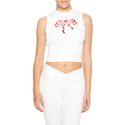 Forever 21 Women's Sweater-Knit Bow Crop Top White/Red Medium