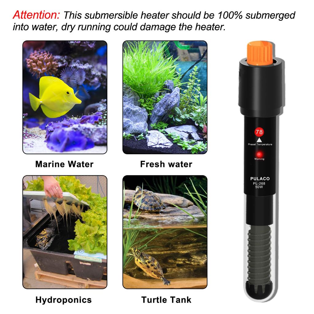 PULACO 50Watt Aquarium Heater for 6-15 Gallon Fish Tank, Adjustable Submersible Heater Thermostat with Thermometer Strip and Suction Cup