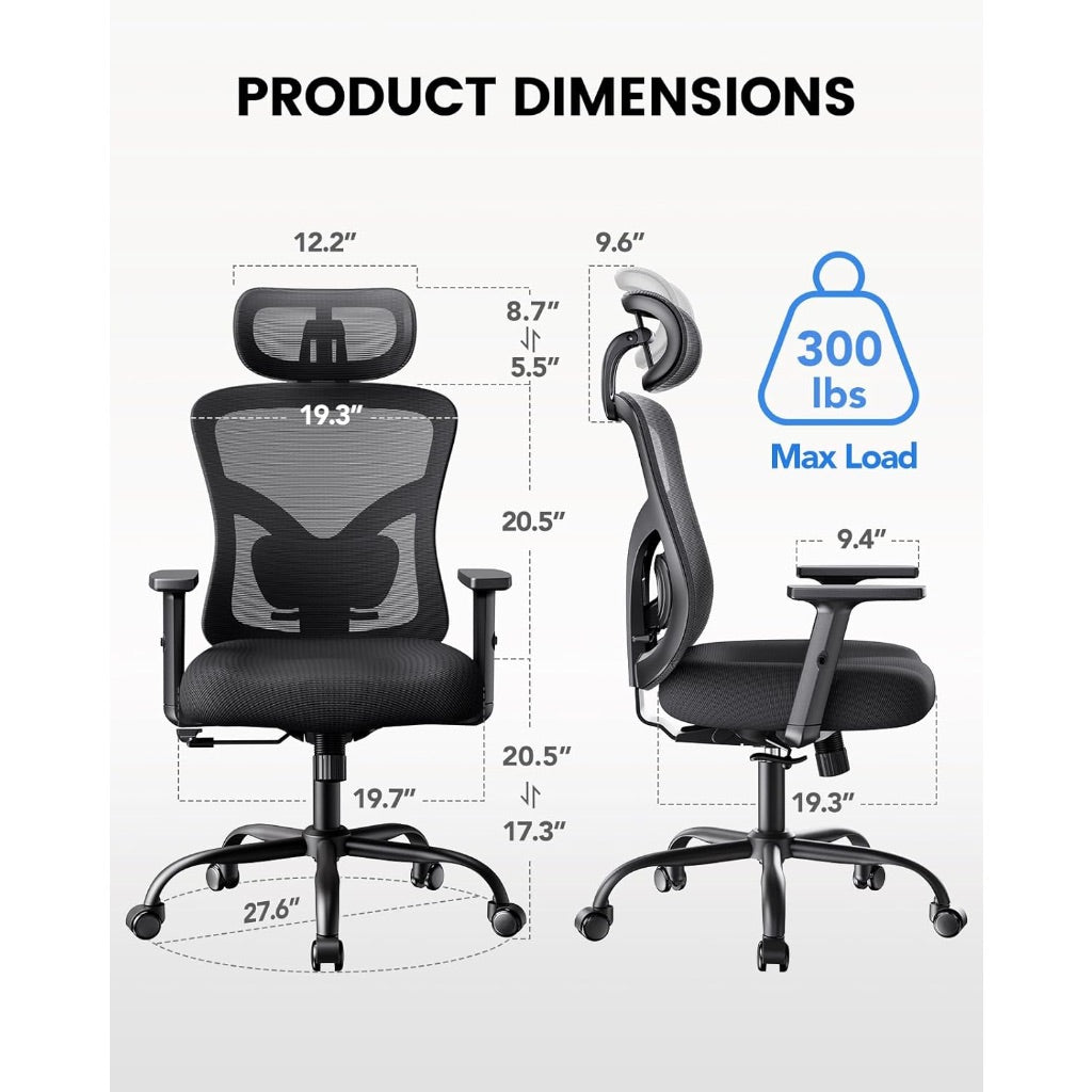 NOBLEWELL Ergonomic Office Chair with Padded Lumbar Support, 2D Headrest, Adjustable Armrests, Upgraded Contoured Seat Cushion, 130° Rocking Tilt, Computer Chair for Home Office, NWOC1-1