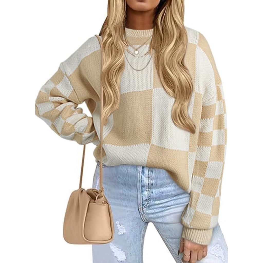 EVALESS Women's Cable Knit Checkered Oversized Sweater, Khaki, Size Small