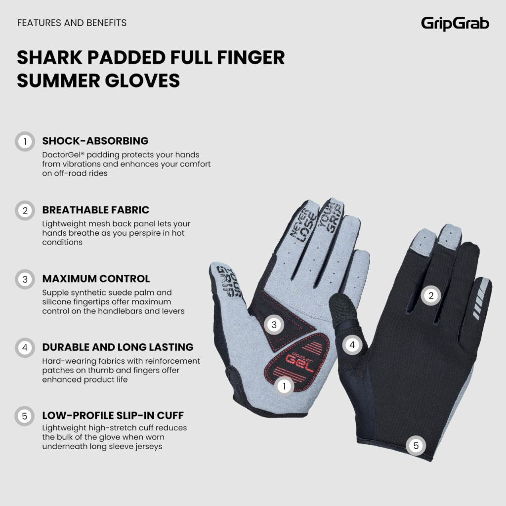 GripGrab Shark Padded Full Finger Summer Cycling Gloves, Small