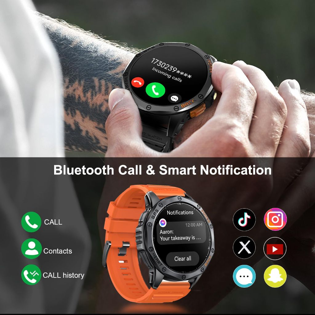 Military Sports Smart Watche for Men, Built-in GPS, 170+ Sport Modes, 1.43" AMOLED Screen, Bluetooth Call - Black & Orange (2 Bands)