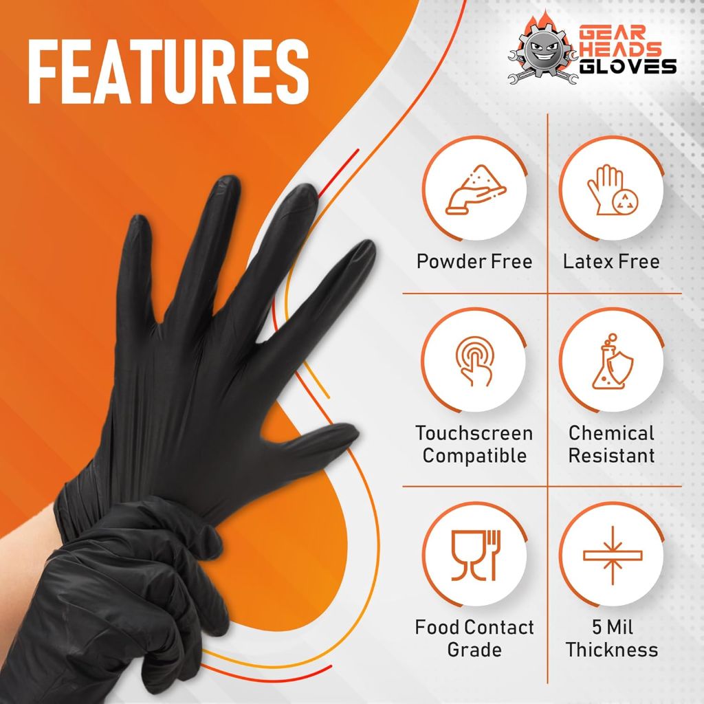 GEARHEADS Black Nitrile Disposable Gloves - 5 Mil, Chemical, and Food Safe, Latex/Powder-Free - Small