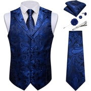 SZ L, DiBanGu Silk Paisley Vest for Men Formal Suit Waistcoat and Bowtie Lapel Pin Set 7PCS , Royal Blue