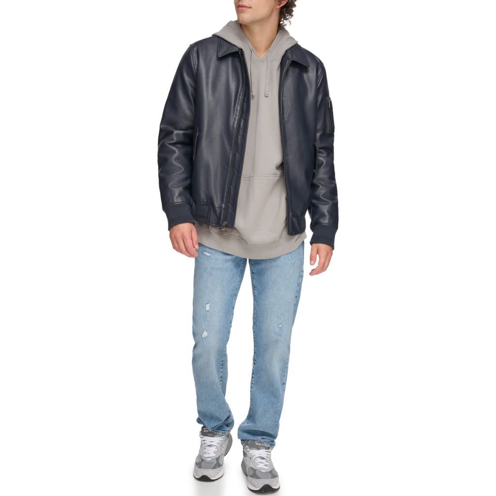 Tommy Hilfiger Men's Smooth Lamb Touch Faux Leather Unfilled Bomber, Navy Laydown Collar, X-Large