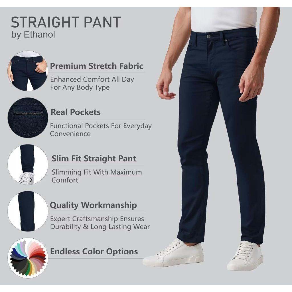 ETHANOL Men's Slim-Fit Comfort Stretch with 5 Pocket Design Straight Pants