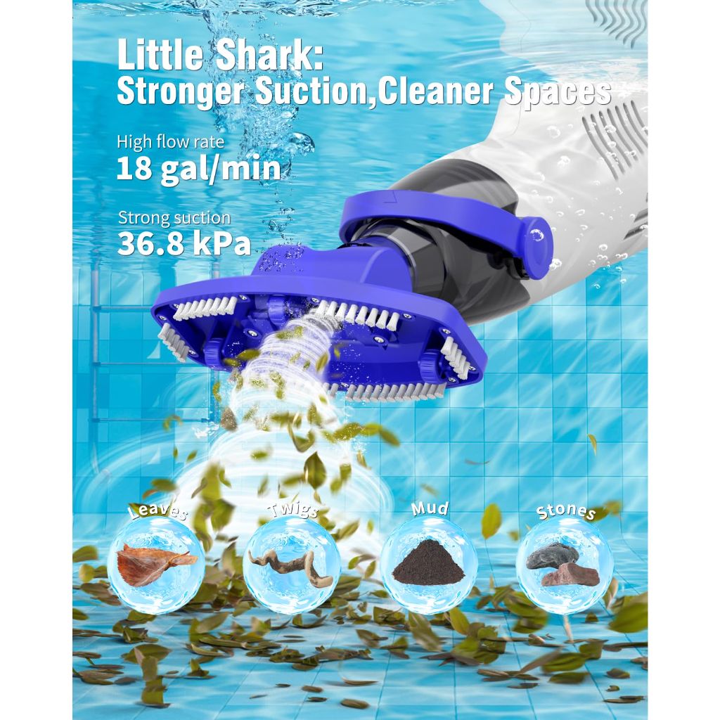 Little Shark Pool Vacuum w/60W Motor, 18 Gal/Min Powerful Suction, 5000mAh Battery, 1h Run Time