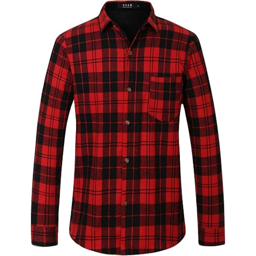 SSLR Long Sleeve Flannel Shirt for Men, Red, Black, 4XL
