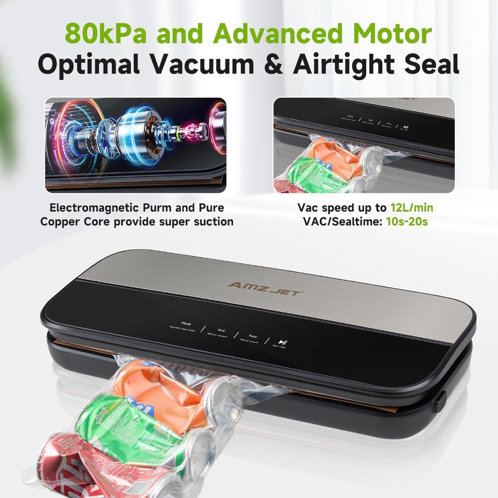 Food Sealer Vacuum Sealer-Tempered Glass Stainless Steel panel, LED Touch Control, Digital Display, Pulse/Moist/Dry/Seal/External Suction Modes, Includes 30 Vacuum Bags & Built-in Cutter (Black Gray)