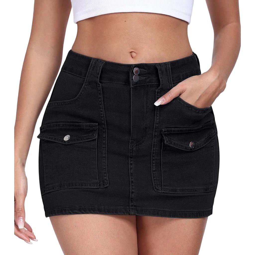 Aotasely Women's Stretchy Denim High Waisted Skirt, Black, Medium