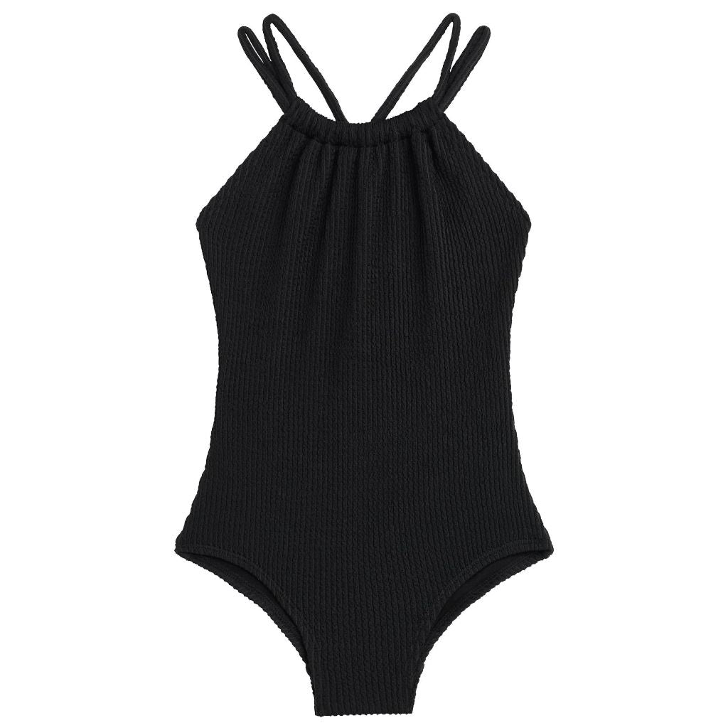 Kanu Surf Girls, Jasmine Beach Sport Halter One Piece Swimsuit, Popcorn Solid Black, 6