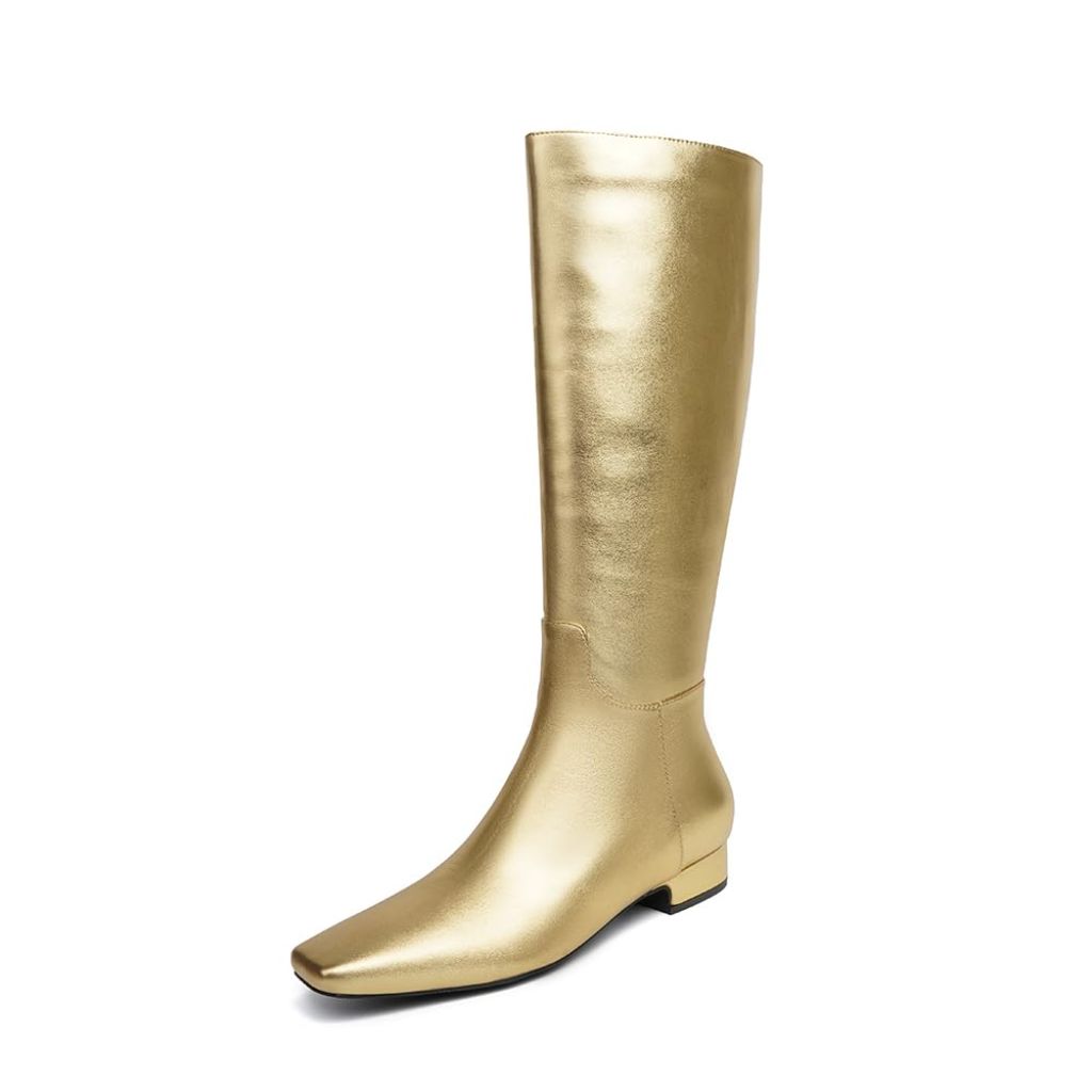 Beauty Cry Gold Square Toe Flat Knee High Boots for Women Metallic Chunky Low Heel Leather Riding Boots With Side Zipper 10.5