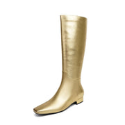 Beauty Cry Gold Square Toe Flat Knee High Boots for Women Metallic Chunky Low Heel Leather Riding Boots With Side Zipper 10.5