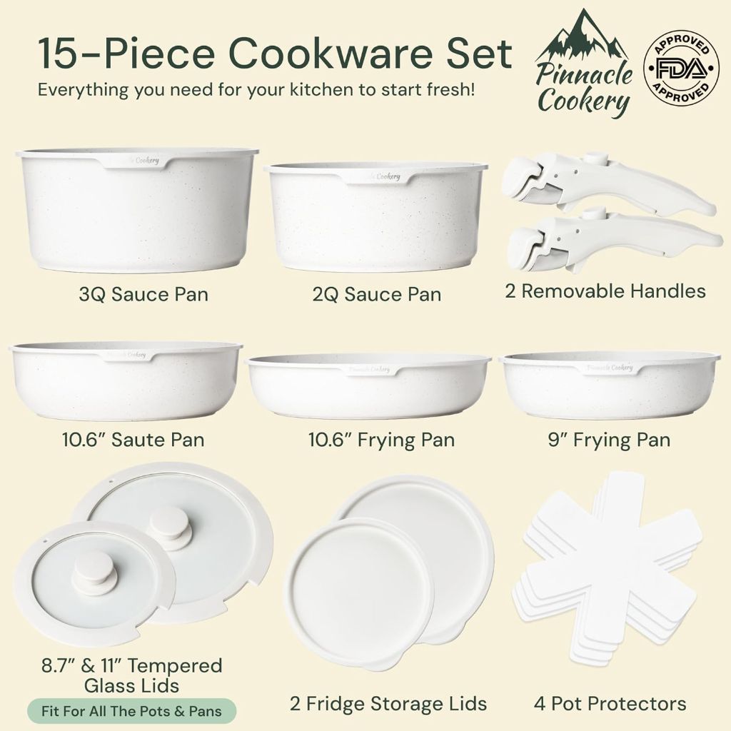 Pinnacle Cookery 15-Piece White Granite Nonstick Cookware Set