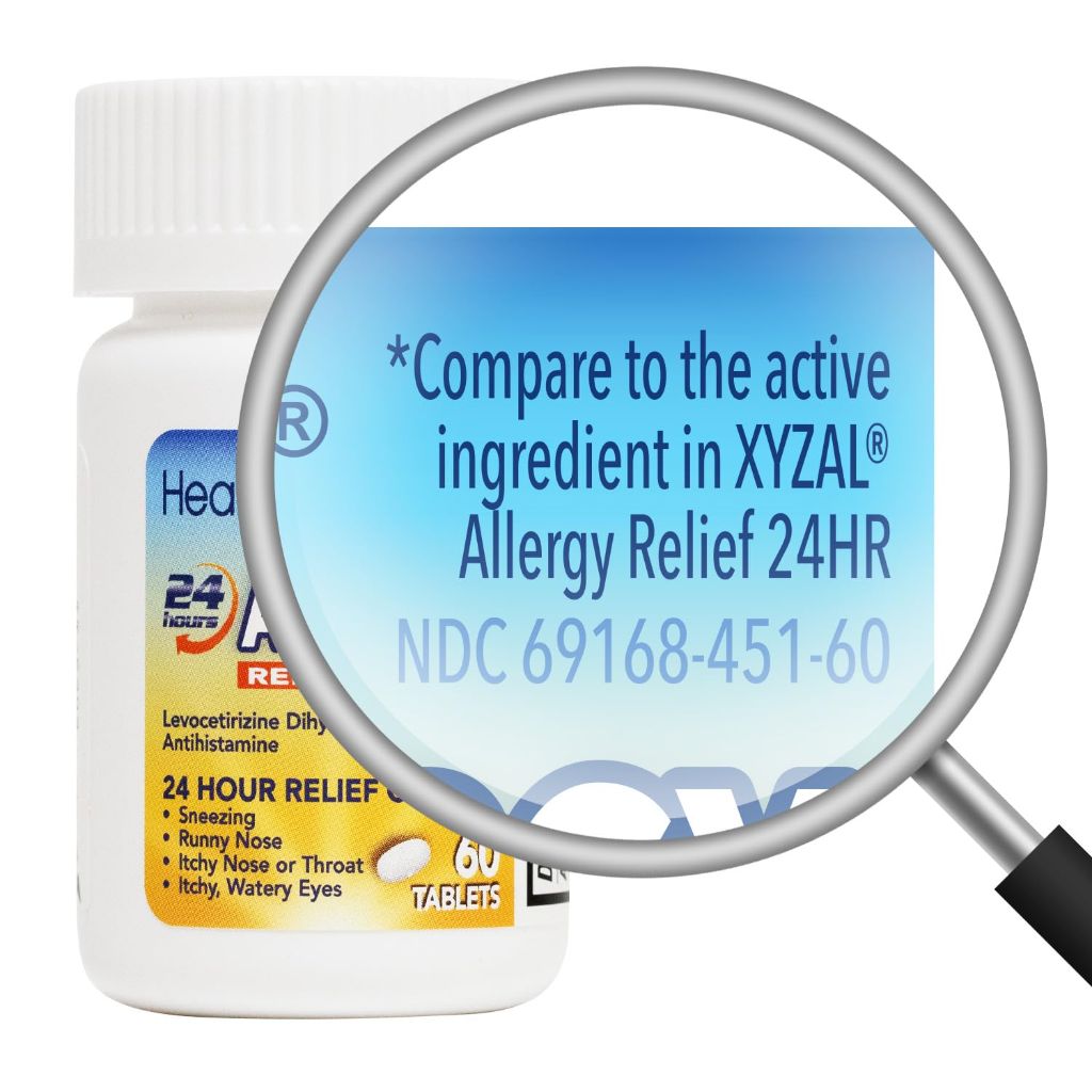 HealthA2Z® Allergy Relief, Levocetirizine Dihydrochloride 5mg, Dye Free Antihistamine, 24 Hours Relief from Sneezing, Runny Nose, Itchy Nose and Eyes (60 Counts)
