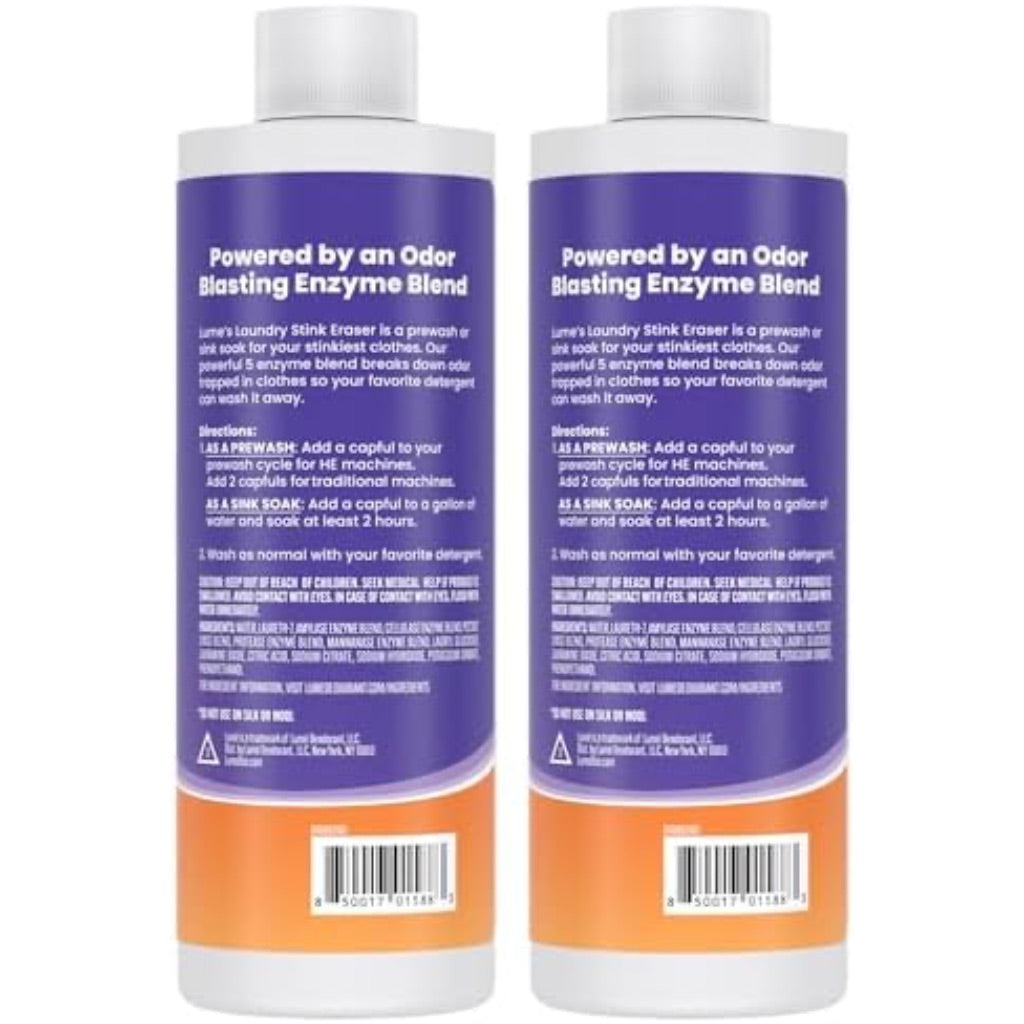Lume Laundry Stink Eraser - Detergent Booster & Sink Soak - Eliminates Body Odor In Clothes - Odor Blasting Enzyme Blend - Makes Your Detergent Work Better - Free And Clear - 8 fluid ounces (2 Pack)