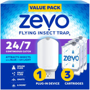 Zevo Flying Insect Trap & 3 Refill Cartridges - Blue & UV Light Technology, Mess-Free Alternative to Bug Zapper