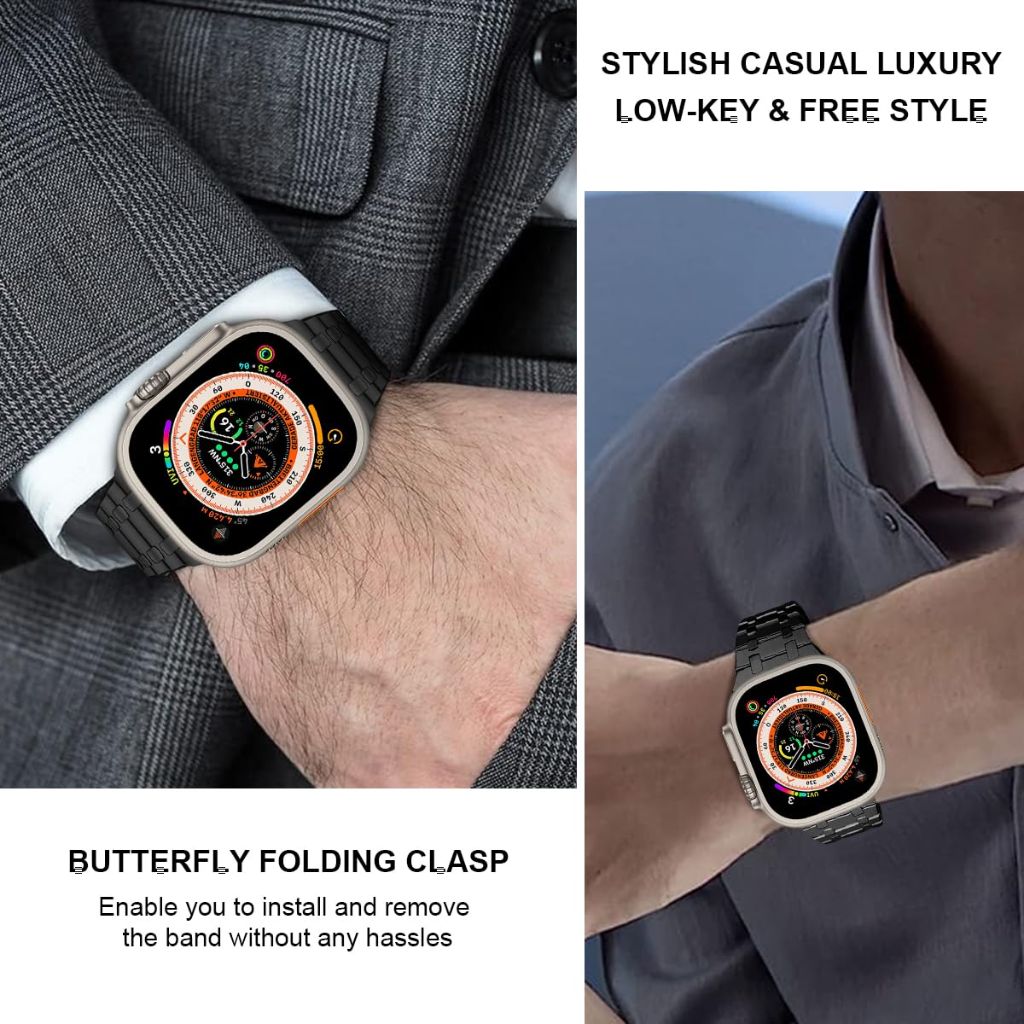 IBazal - Stainless Steel Metal Butterfly Clasp Apple Watch Replacement Strap - Black 42/44/45/49
