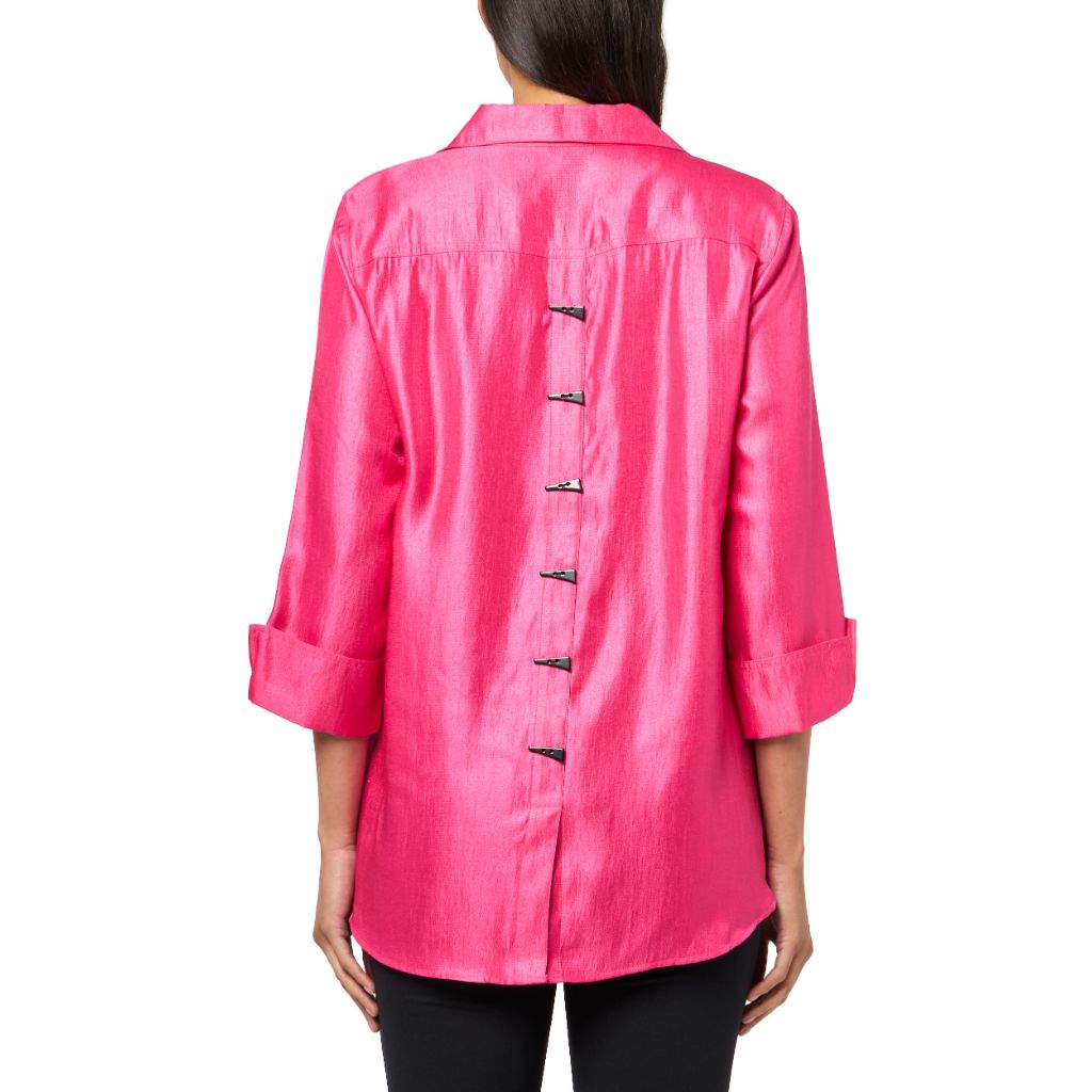MULTIPLES Women's Plus Size, Turn-Up Cuff, Three Quarters Sleeves, Button Front, Hi-Low Shirt, Fuchsia, 3X